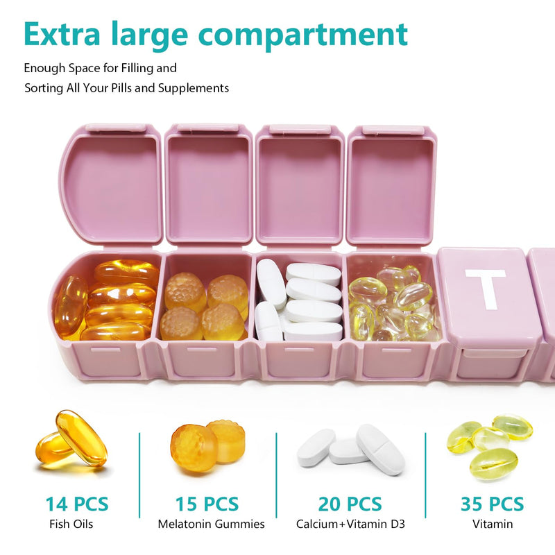 MOLN HYMY Extra Large Weekly Pill Organizer 7 Day, XL 1 Week Pill Dispenser Case, Daily Medicine Organizer to Hold Vitamin Filsh Oil and Supplements (Pink) Purple Pink