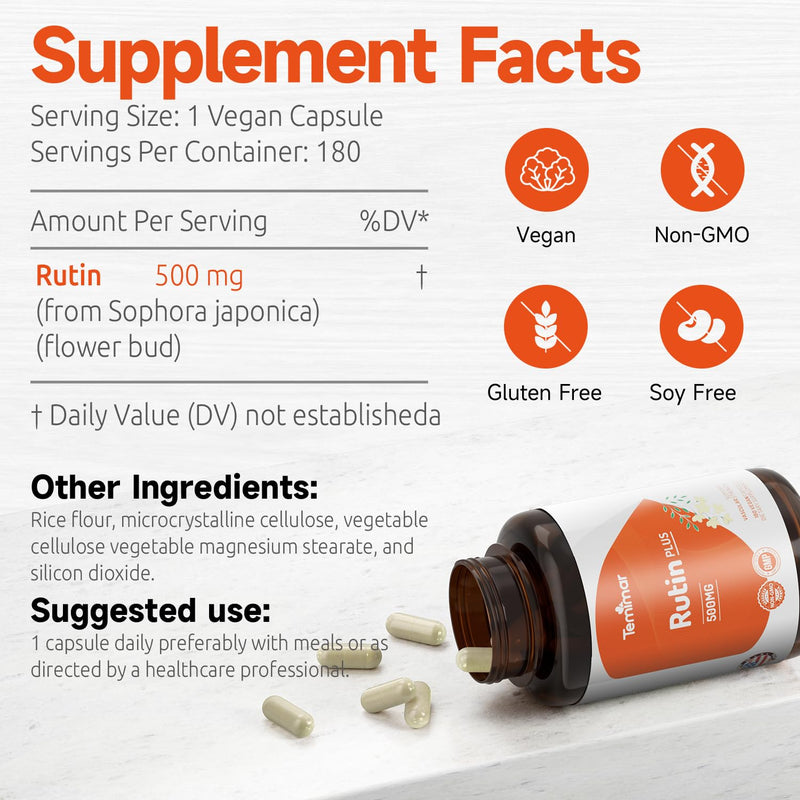 Rutin 500mg Supplement, Flavonoids Supplements from Sophora Japonica, Supports Vascular Health & Antioxidents, Gluten-Free, Made in USA, 360 Vegan Capsules 180 Count (Pack of 2)