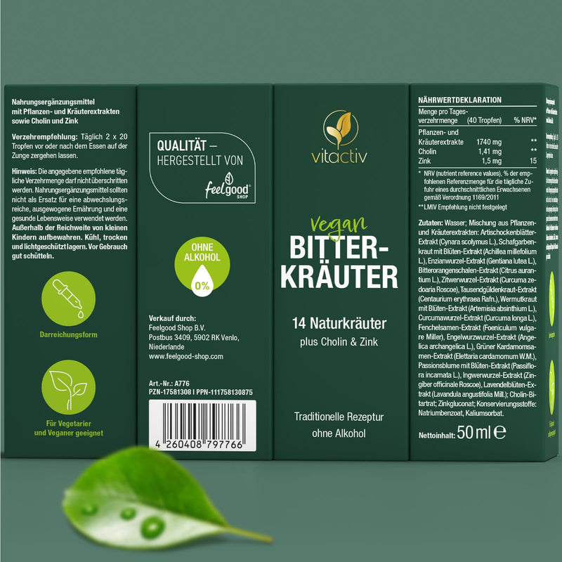 [Australia] - VITACTIV bitter herbs - bitter drops without alcohol - select herbs plus choline & zinc - bitter substances drops according to Hildegard von Bingen - no artificial additives, sugar-free, vegan - 250 ml 250 ml (set of 5) 