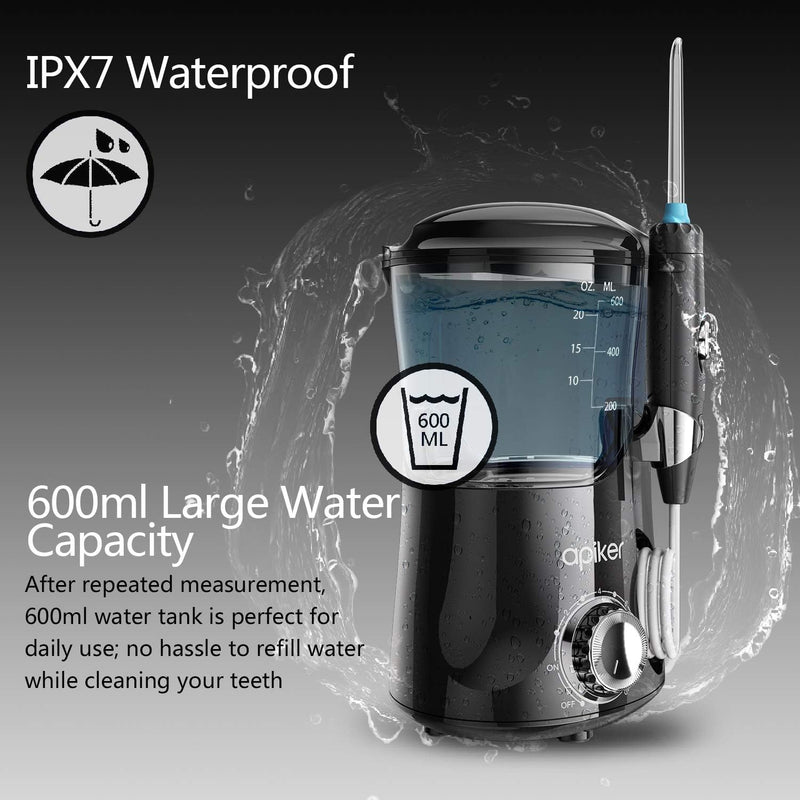 [Australia] - Apiker electric oral irrigator for dental cleaning between teeth, professional water flosser with stepless water pressure adjustment, 600 ml water tank, 8 different functional nozzles - black, elegant black 