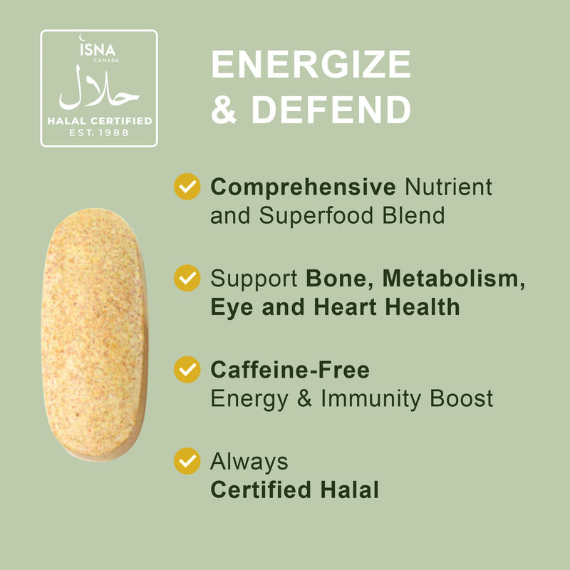 Noor Vitamins Energy+ Multivitamin; Halal Vitamin for Energy Production & Immunity, 26 Vitamins & Minerals, Black Seed, Dates, Honey, for Men & Women. Gelatin Free, 2 Month Supply