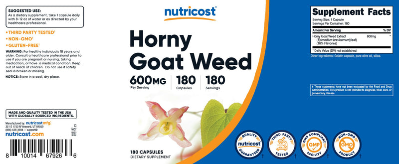 Nutricost Horny Goat Weed Extract (Epimedium) - 180 Capsules, 180 Servings, 600mg Per Capsule 180 Count (Pack of 1)