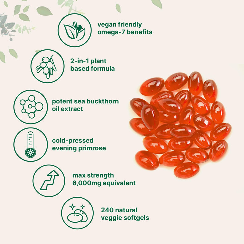 [Australia] - Vegan Omega 7 Sea Buckthorn Oil 6,000mg, 240 Veggie Softgels | 2-in-1 with Evening Primrose Oil | Natural Support for Hair, Skin, & Nails | Combats Dryness | Plant Based, Non-GMO, Gluten Free 
