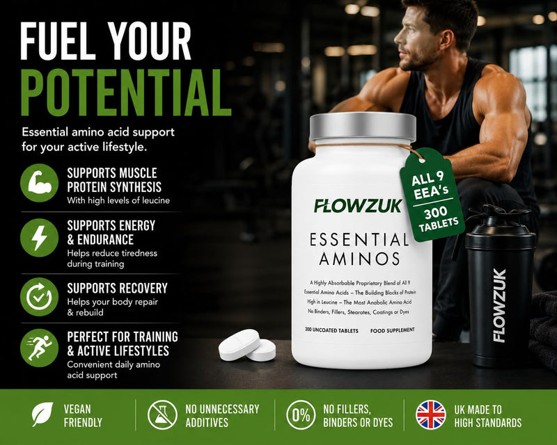 Essential Amino Acids – 300 Tablets | Full Spectrum EAAs with BCAAs | Vegan-Friendly | UK Made | High-Strength Amino Supplement