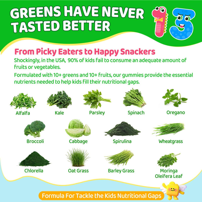 Kids Super Greens Gummies, w/Multivitamins, 20+ Veggie Fruit, Prebiotics | Kids Vitamins Greens Superfood Gummies + Calcium, Omega-3 (DHA/EPA)，for Picky Eater Growth, Energy, Immune, Digestion, 1 Pack 60 Count (Pack of 1)