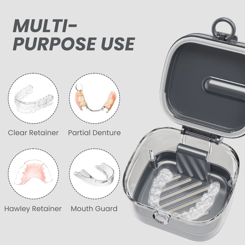 [Australia] - Denture Case Retainer Cleaning Case with Retainer Removal Tool and Brush, No-Leak Denture Bath Box Cup, Complete Clean Care for Clear Braces, Mouth Guard, Night Guard & Retainers (Grey) Grey 