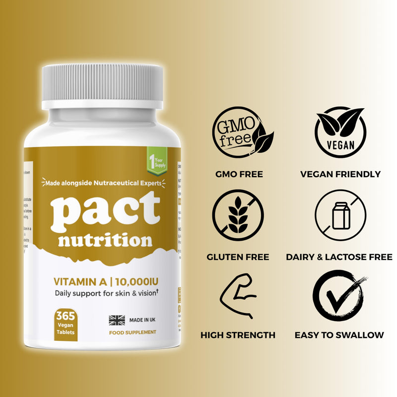 Vitamin A 10,000 IU – 365 Easy to Swallow Tablets (1 Year Supply) - High Strength Vitamin A Supplement for Normal Skin, Vision, Eyes & Immune System – Vegan