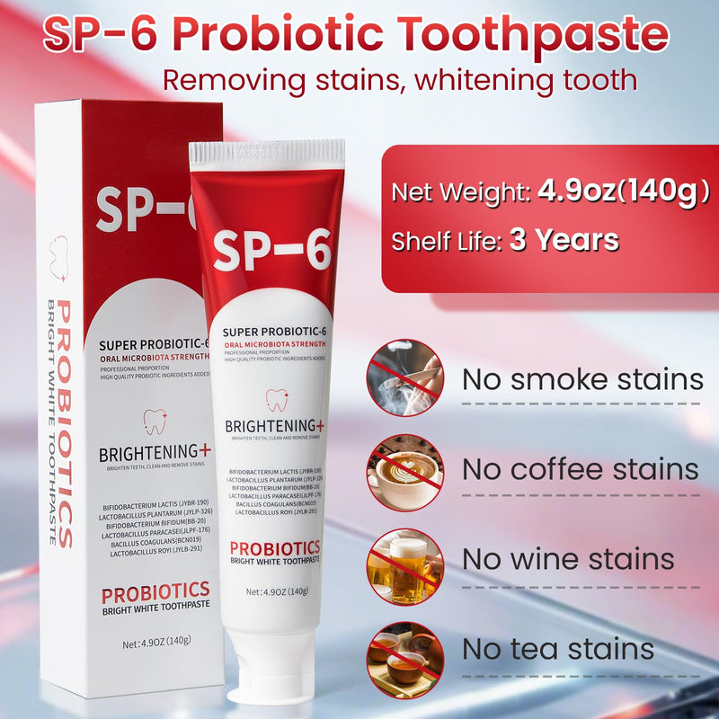[Australia] - SP-6 Probiotic Whitening Toothpaste, SP-6 Probiotic Toothpaste, Enhanced Formula with 6 Probiotics for Teeth Whitening/Brightening, Enamel-Safe, Fluoride-Free, Fresh Mint Flavor, 4.9oz, 2Pack 2 