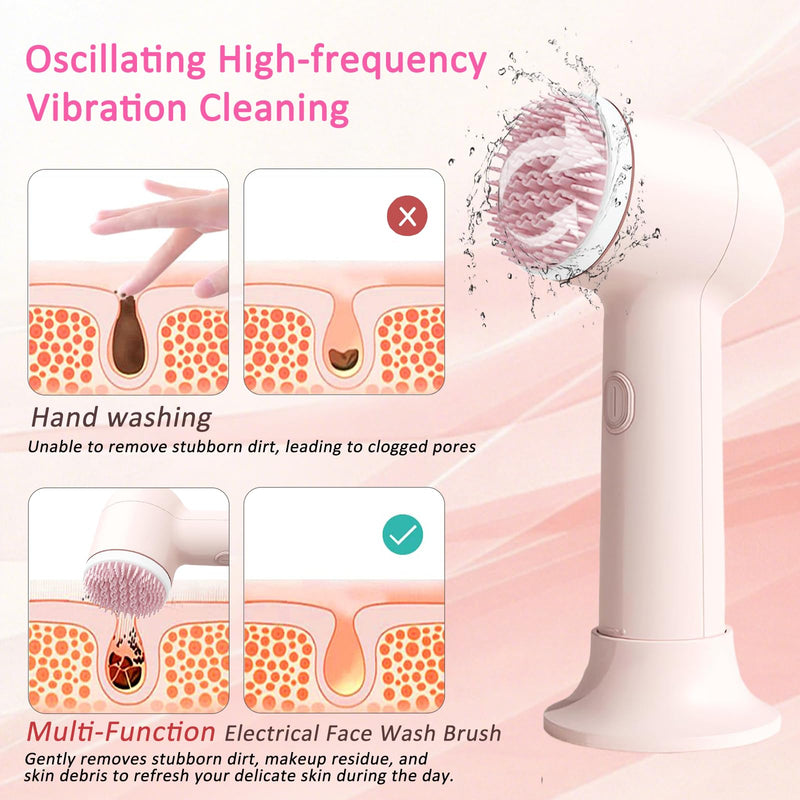 Electrical Facial Cleansing Brush, Multi-Function Face Wash Brush with Base and 2 Brush Heads, Portable Face Scrubber for Deep Skin Cleaning and Gentle Exfoliating (Pink) Pink
