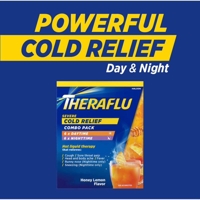 [Australia] - Theraflu Combo Daytime and Nighttime Severe Cold Relief Powder, Honey Lemon Flavor, 12 Count, 6 Daytime + 6 Nighttime 