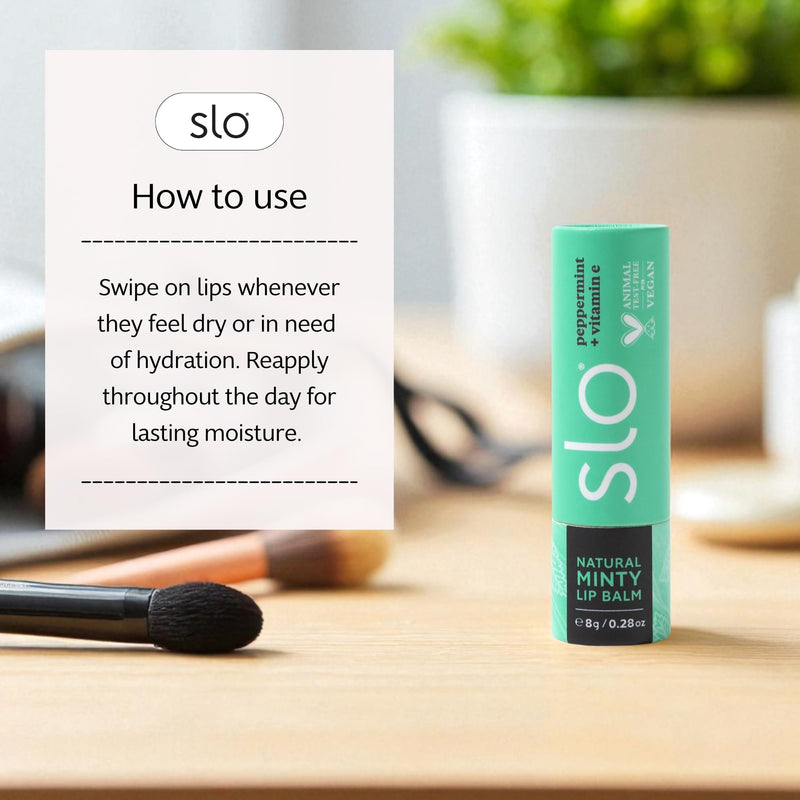 Slo Hydrating Lip Balm - All Natural Ingredients, Minty Lip Balm with Organic Jojoba, Rosehip, Cocoa Butter - Vegan, Cruelty-Free, Paper Packaging - Peppermint + Vitamin E (0.28oz/8g) 1 Pack (0.28oz/8g)