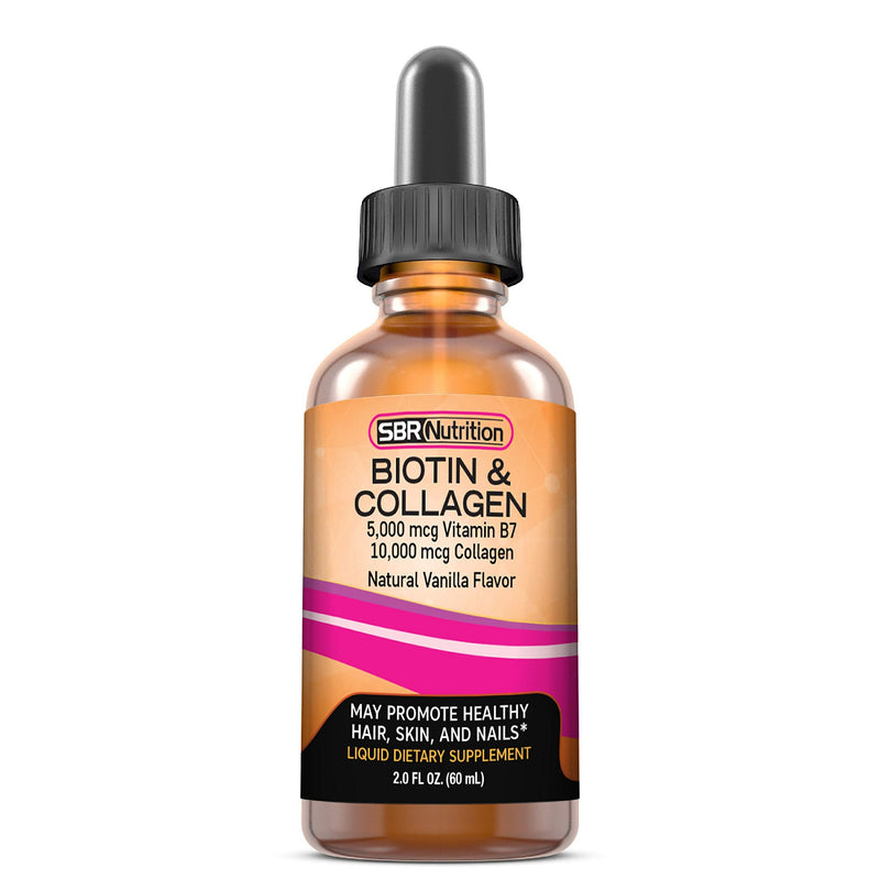 SBR Nutrition Biotin and Collagen Liquid Drops Daily Food Supplement, Vitamins for Hair Growth and Thickening, Skin Health and Nail Strength, 2 oz (60mL)