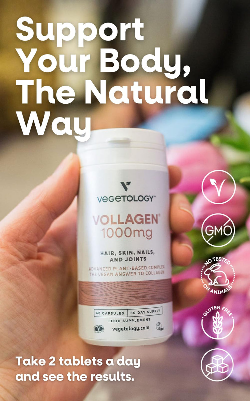 Vegetology Vollagen, Vegan Collagen Supplements for Women, and Men, Plant Based Complex, Amazing Skin Hair and Nails Vitamins, Vegetarian Protein, Joint Care, 1000mg, 60 Tablets, UK Made