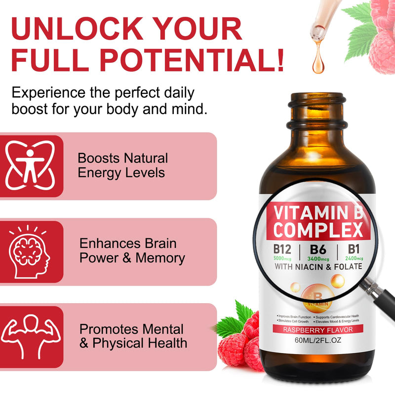 Liquid Vitamin B Complex Supplement, B Vitamins Complex - Vitamin B12 B1 B6 Niacin & Folate, 60ml, Raspberry Flavour - Supports Brain Heart Function, Elevates Mood & Energy Levels