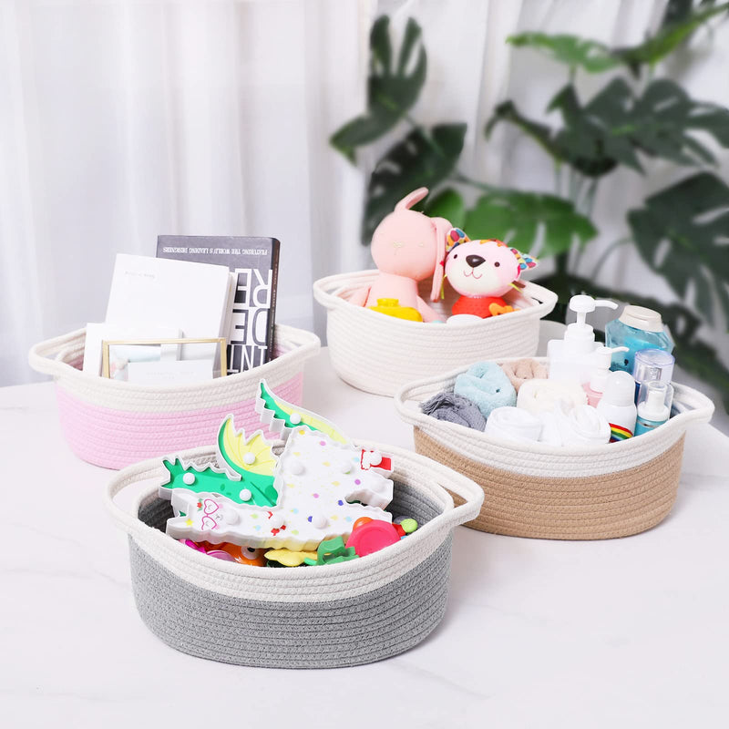 [Australia] - ABenkle Cute Small Woven Basket with Handles, 12"x 8" x 5" Rope Room Shelf Storage Basket Chest Box for Cat and Dog Toys, Empty Decorative Gift - White 1 Pack 