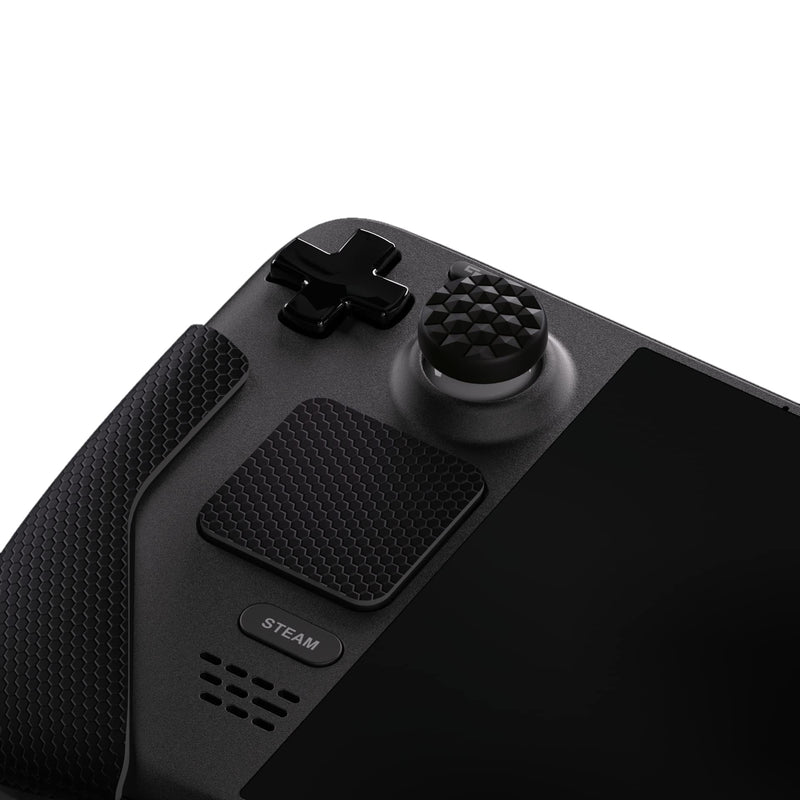[Australia] - PlayVital Professional Textured Soft Rubber Pads Handle Grips for Steam Deck LCD & OLED, Trackpads Skin Grip Enhancement Back Button Protective Stickers Set with Thumb Caps - Honeycomb Textured Black 