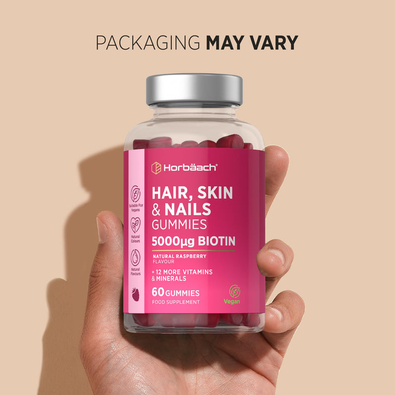 Hair Skin and Nails Vitamins | 5000mcg Biotin | Hair Growth Vitamins | with Added Zinc, Vitamin C, E & More! 60 Vegan Gummies | Supplement for Women and Men | by Horbaach