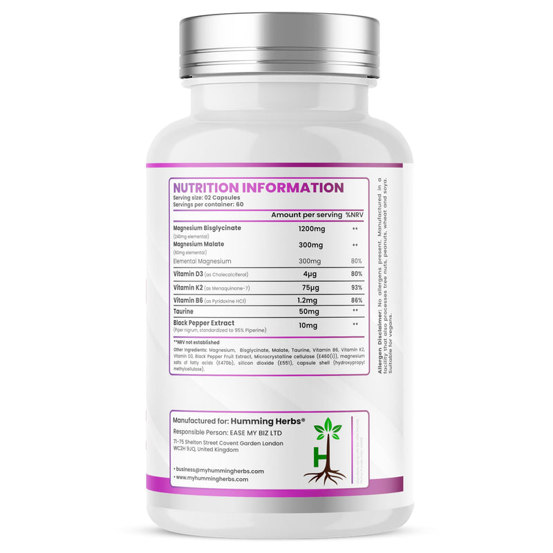 Humming Herbs Magnesium Bisglycinate & Magnesium Malate with Vitamin D3, K2 & Vitamin B6-300mg Elemental Magnesium -120 Capsules