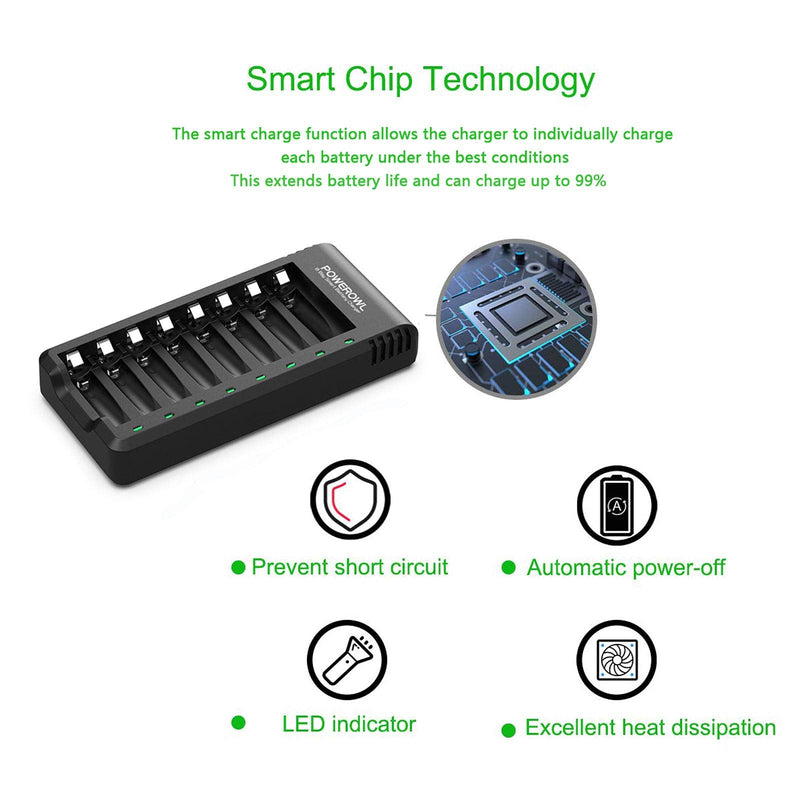 [Australia] - POWEROWL 8 Bay AA AAA Battery Charger, USB High-Speed Charging, Independent Slot, for Ni-MH Ni-CD Rechargeable Batteries, No Adapter 