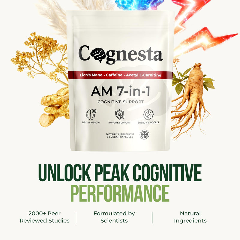 AM 7-in-1 Nootropic Brain Supplement | Support Cognitive Function, Focus & Mental Performance | with Lion’s Mane, Caffeine (125 mg) & Acetyl L-Carnitine | 30 Vegan Capsules | UK Made
