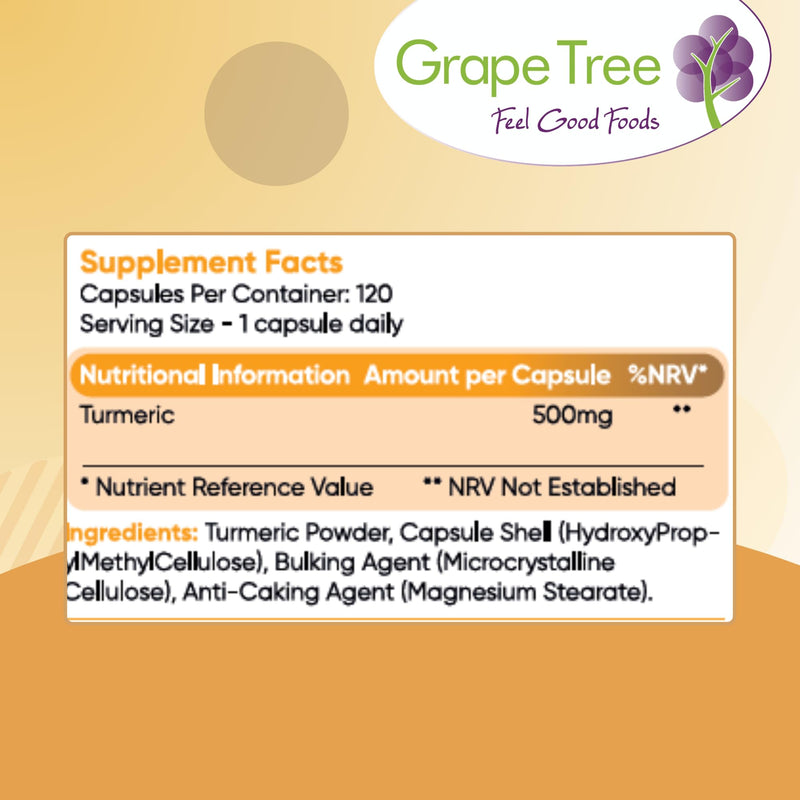 Grape Tree Turmeric Powder Supplement 500mg 120 Capsules. 4 Month Supply. Pure Turmeric Supports Joint Comfort, Flexibility, Mobility & Digestion