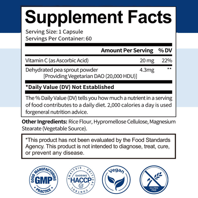 DAO Supplements Histamine Blocker – DAO Enzyme (Diamine Oxidase) & Vitamin C for Gut Health & Food Support – 60 Servings