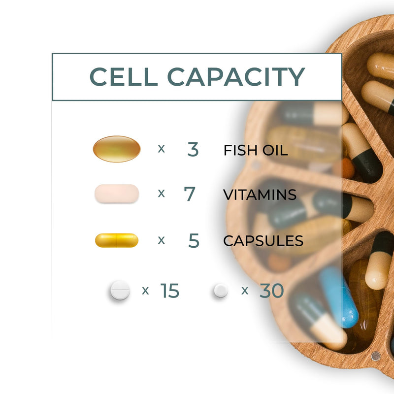 Makety Cute Pill Organizer, 7 Day Vitamin Holder with Magnetic Lid, Floral Design, Solid Oak Wood M