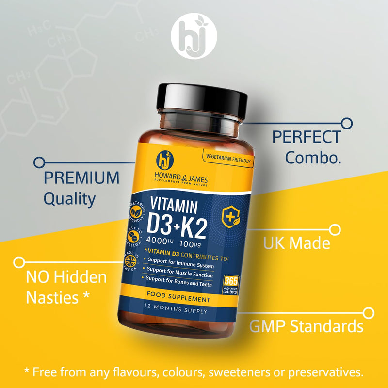 Vitamin D3 4000iu Plus Vitamin K2 100ug (MK7) 365 High Strength Vegetarian Tablets - 12 Months Supply - Easy to Swallow, for Immune System, Bone, Teeth and Muscle Function Support – Made in the UK