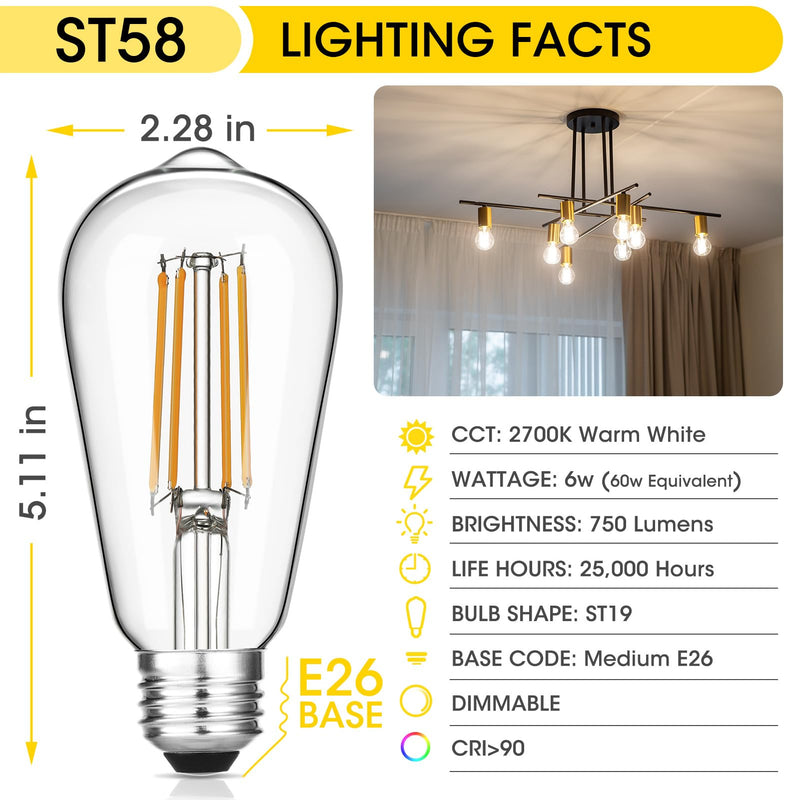 [Australia] - Vintage LED Edison Bulbs 6W, Equivalent 60W Incandescent, Warm White 2700K, ST58 Antique LED Filament Bulbs with 90+ CRI, E26 Medium Base,Dimmable, Clear Glass, Pack of 6 6 Count (Pack of 1) 