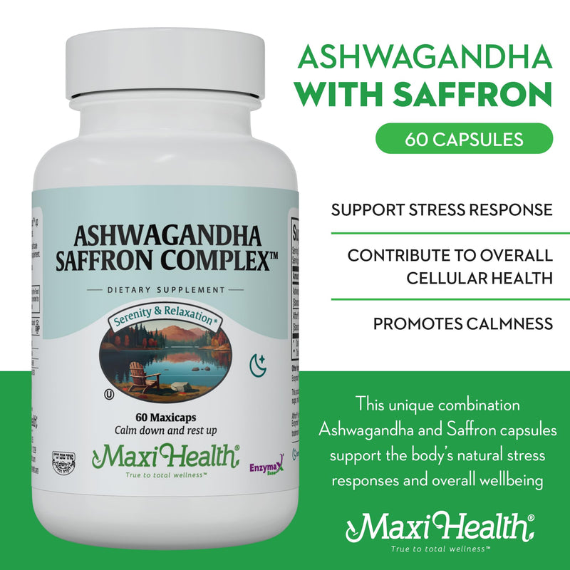 Maxi Health Ashwagandha Supplements Complex with Saffron – 600mg Ashwagandha Capsules & 30mg Saffron Extract for Stress Relief, Mood & Calm – Kosher, 60 Capsules Unflavored 60 Count (Pack of 1)