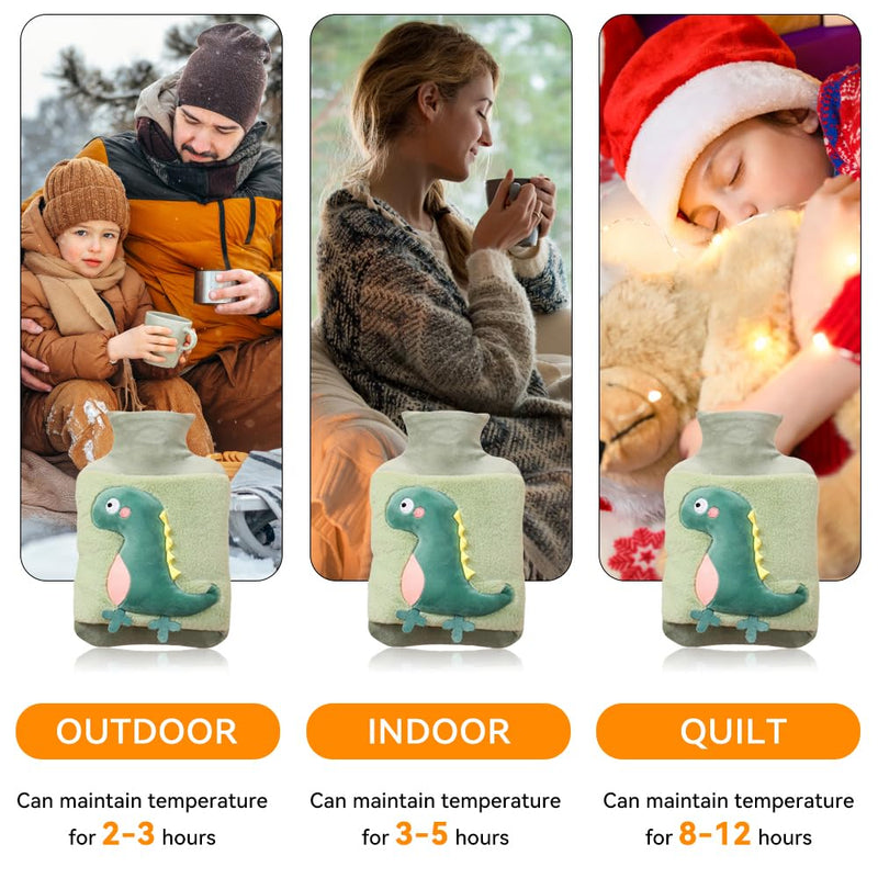 [Australia] - MHwan Hot Water Bottle, 2L Large Thickened Plush Fluffy Hot Water Bottle Children Adults, Cute Cuddly Dinosaur Hot Water Bottle Animal, Safe, Explosion-Proof Leak-Proof, Removable for Cleaning Green Dinosaur 