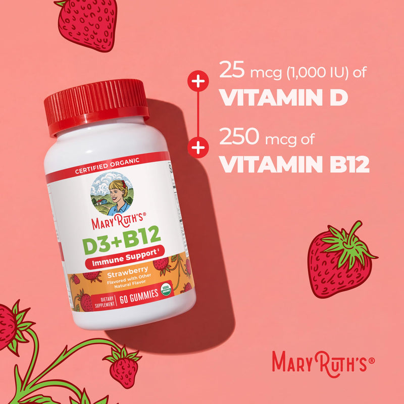 MARYRUTH'S Organic Vitamin D3 + B12 Gummies for Ages 4+, 60 Servings, Vegan | Bone Health, Immune Support, Energy Metabolism, Cognitive Function, Vegan
