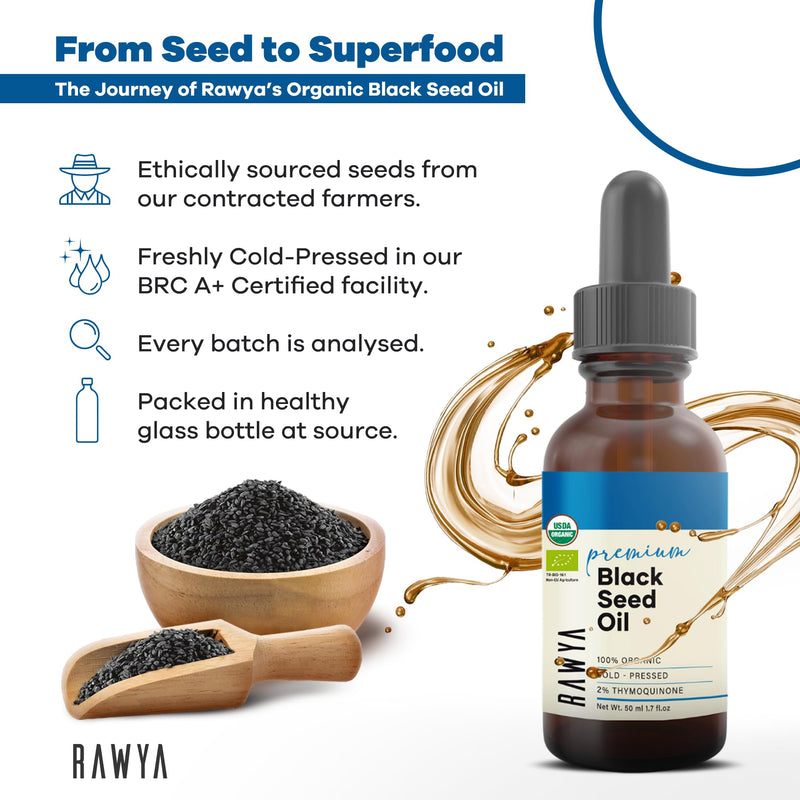[Australia] - Black Seed Oil, Organic, 1.7 Fl Oz, RAWYA, Unrefined, Premium, High TQ, Cold Pressed, Glass Bottle, Nigella Sativa Oil, Non-GMO, Black Cumin Seed Oil, also known as Kalonji Oil, Nigella Oil 