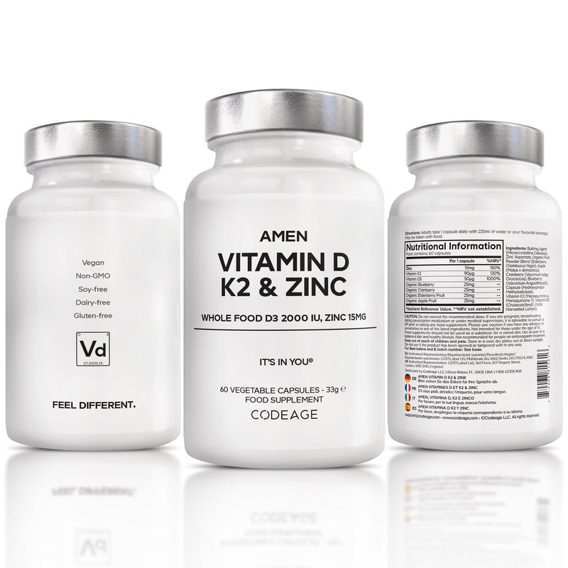 Amen Vitamin D3 2000 IU with K2 MK-7 & Zinc – Vegan Whole Food Supplement with Elderberry, Cranberry, Blueberry & Apple – Non-GMO, Gluten-Free – 60 Capsules