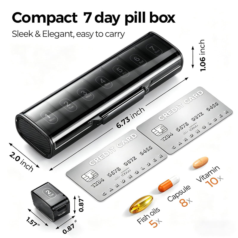Weekly Pill Organizer,Portable 7 Day Pill Box,Moisture Proof Medicine Pill Organizer,Travel Pill Case with BPA-Free Material,Pocket-Size for Supplements & Vitamins (Black) Slate Black