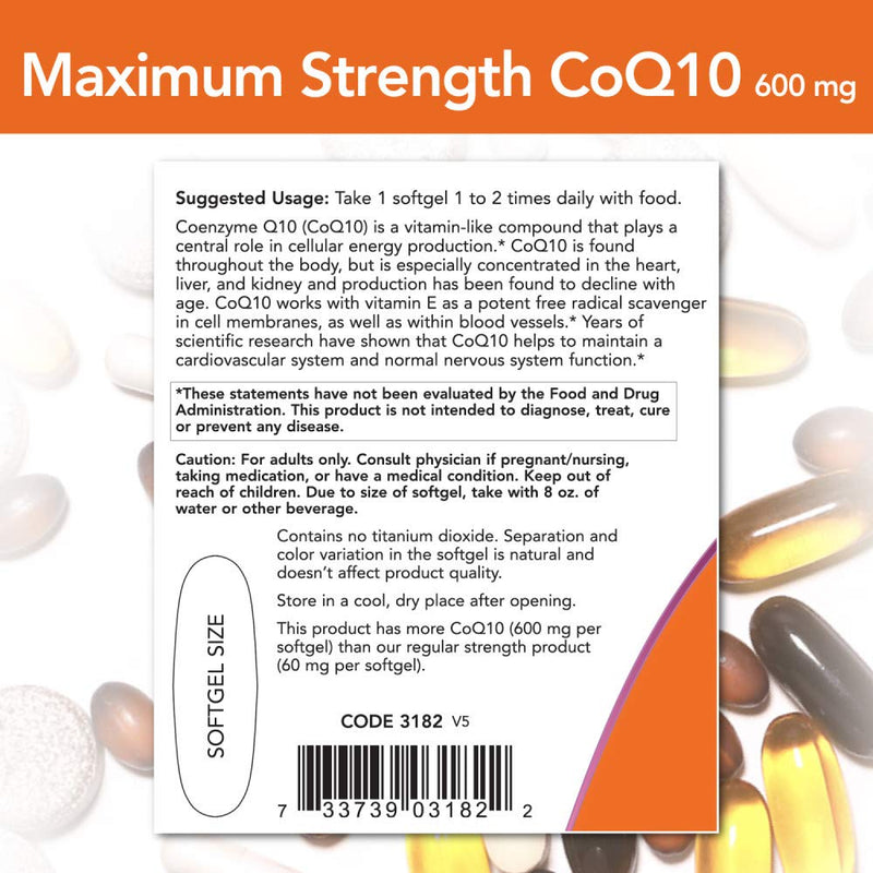 NOW Supplements, CoQ10 600 mg, Maximum Strength with Vitamin E & Lecithin, 60 Softgels