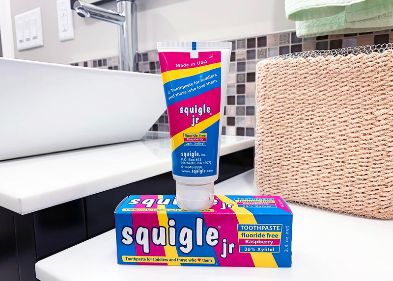 Squigle Jr Toothpaste (for Infants, Toddlers), Travel Toothpaste, Prevents Cavities, Canker Sores, Chapped Lips. Soothes, Protects Dry Mouths. Stops Tooth Sensitivity, No SLS - 1 Pack Raspberry 3.4 Ounce (Pack of 1)