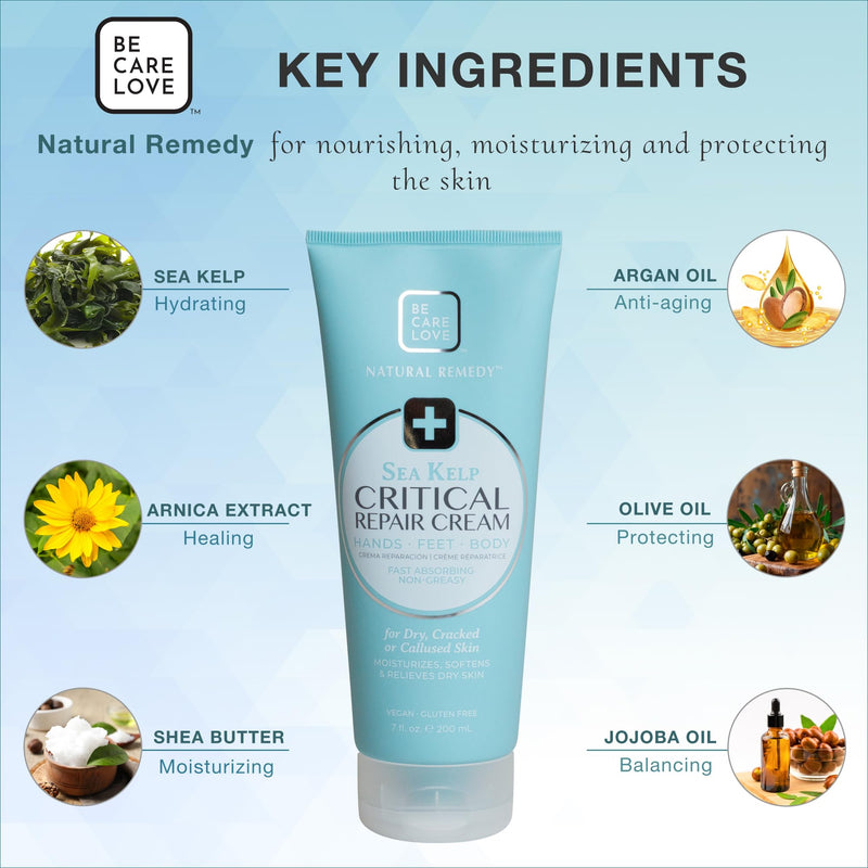 Be Care Love Critical Repair Working Hands Cream for Dry Cracked Hands, | Sea Kelp Hand Cream with Arnica, Shae Butter for hands, feet and body, skin care moisturizer, Made In USA, 7 fl oz 7 Fl Oz (Pack of 1)