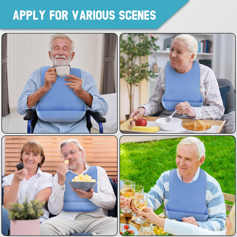 [Australia] - Adjustable Silicone Adult Bib, Washable Bib for Men & Women, Waterproof Bib for Elderly with Crumb Catcher Blue 
