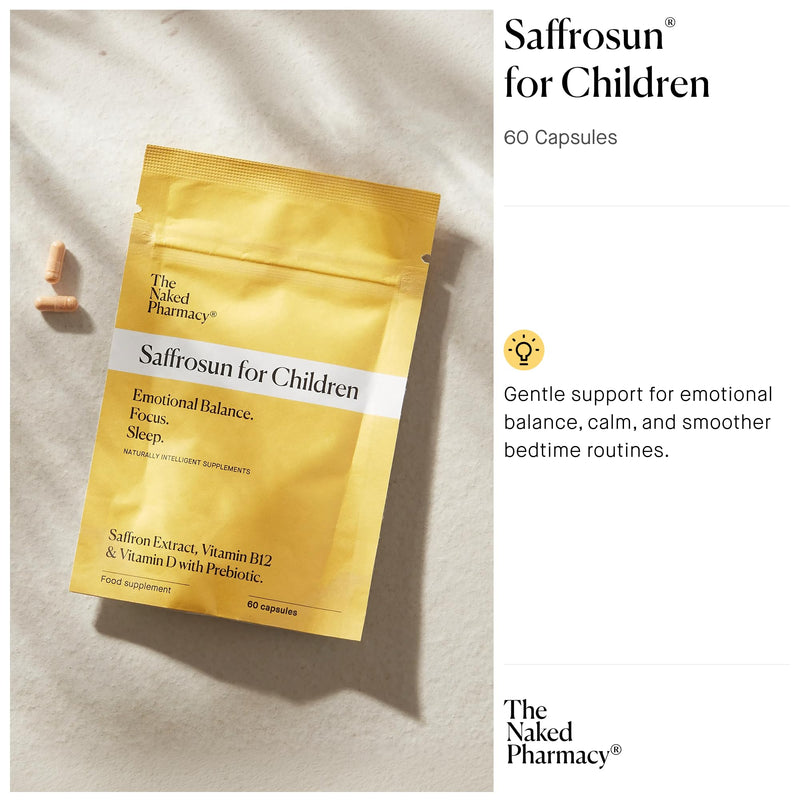 The Naked Pharmacy | Saffrosun for Children | Sleep & Balance | Natural Saffron Supplements with Vitamins D3 & B12 | High Strength | No Additives | Vegan | 60 Capsules 60 count (Pack of 1)