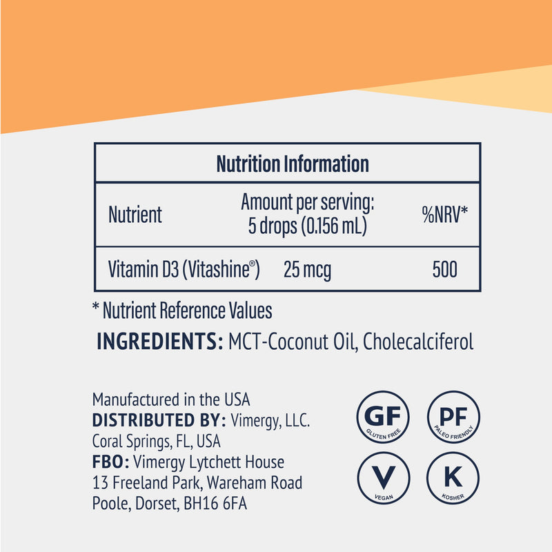 Vimergy Vegan Vitamin D3 Liquid (96 serv) – Vitamin d3 1000 IU – Liquid Vitamin – Formulated Without Sugar or Binders – Non-GMO & Gluten-Free (15 ml)