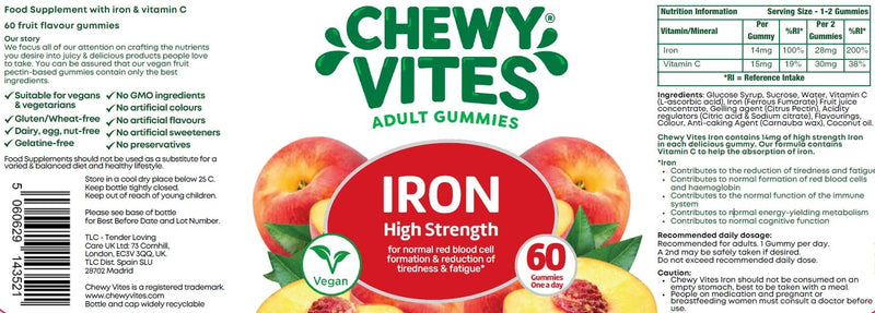 Chewy Vites Adult High Strength Iron, 60 Vitamin Gummies, 14mg Ferrous Fumerate Iron Gummies with Vitamin C, 2 Months Supply, Real Fruit Juice, Vegan, Peach Flavour