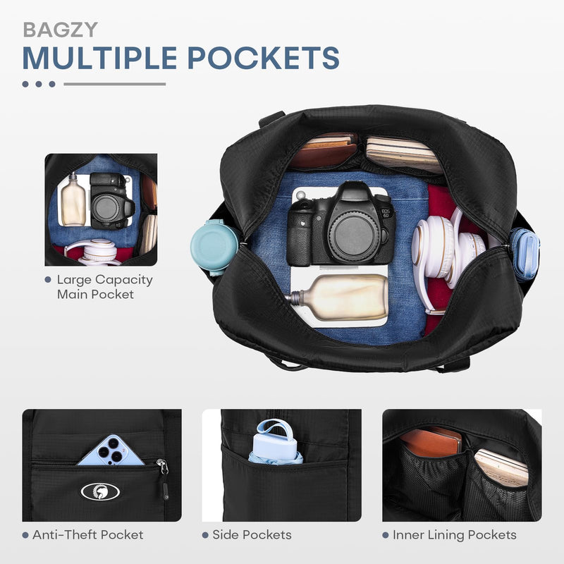 40x30x20 cm Travel Bag Foldable,Lightweight Gym Bags for Women Men,16x12x8 inch Personal Item Bag for Airlines, 25L Waterproof Travel Duffel Bags for Carry on Weekender Overnight Hospital 2pcs Black+Gray