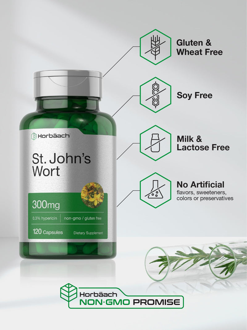 Horbäach St John's Wort Capsules 300mg | 120 Count | Non-GMO, Gluten Free | Herbal Extract