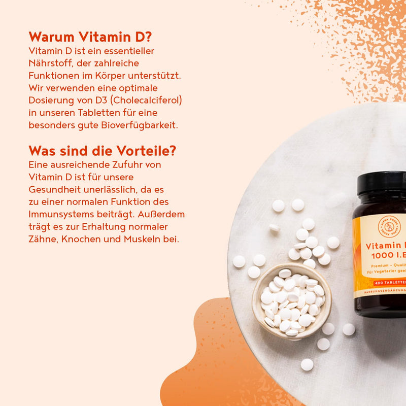 [Australia] - Vitamin D3 1000 IU - 400 tablets over 1 year supply - Vitamin D for the immune system, bones, teeth & muscles - High dosage - Vegetarian - Alpha Foods 