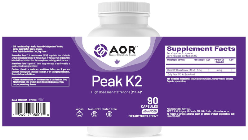 AOR Peak K2 Vitamin K2 MK-4, 15 mg per Capsule, 90 Vegan Capsules | MK-4 Form, 15 mg per Capsule, 1-3 Month Supply, Vegan Capsules