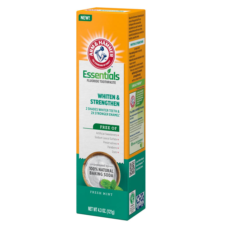 [Australia] - ARM & HAMMER Essentials Whiten & Strengthen Fluoride Toothpaste-4 Pack of 4.3oz Tubes, Fresh Mint- 100% Natural Baking Soda- Fluoride Toothpaste 