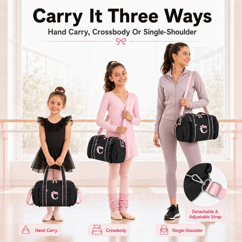 LEDAOU Dance Bag for Girls, Initial Ballet Duffle, Travel and Overnight Bag | 13-inch personalized dance duffle with 2 compartments, wet-dry pocket and adjustable strap for travel, overnights and gifts. Black Initial C