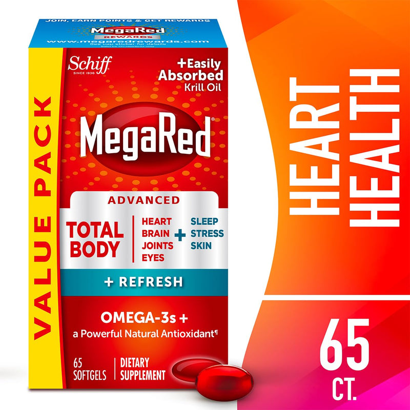 MegaRed Omega-3 Blend Total Body + Refresh 500mg Softgels, (65 Count in a Bottle), Easily Absorbed Krill Oil, to Support Your Heart, Joints, Brain & Eyes | Fish Oil + Krill Oil Softgels, EPA & DHA, Heart, Brain, Joint & Eye Support, Restful sleep, Stre...