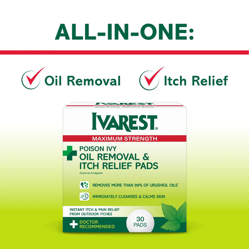 [Australia] - Ivarest Poison Ivy Oil Removal and Itch Relief Pads, 30 Count, Poison Ivy Wipes, Max Strength, Poison Plant and Insect Bite Relief, Poison Ivy, Oak, Sumac Treatment, Anti-Itch, Medicated, 30 ct. 